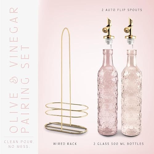 COOK WITH COLOR Glass Olive Oil Bottle Dispenser - 2 Pack- 17oz Oil and Vinegar Cruet - Olive Oil Carafe Decanter for Kitchen, Floral, Pink thumbnail 4