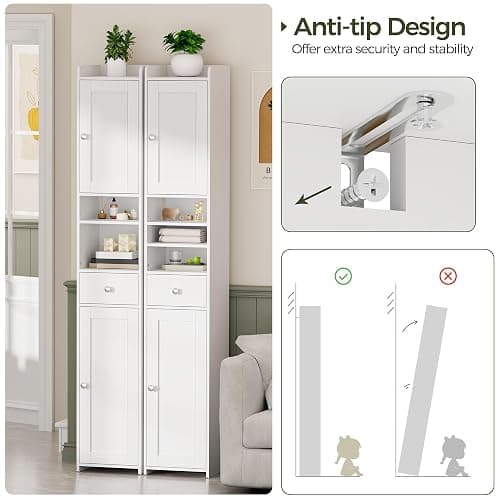 Tall Bathroom Cabinet, Slim Storage Cabinet with Adjustable Shelve 30×180cm | Bathroom Storage Unit Narrow Cupboard, Corner cabinet freestanding Anti-Tip Adjustable Removable Shelf Wood Modern Drawers thumbnail 7