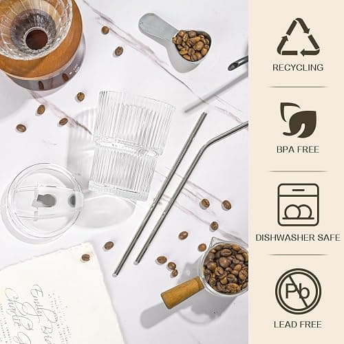 AUFXKOO 13oz Iced Coffee Cups,4Pcs Glass Cups with Lids and Straws Drinking Glasses,Clear Ribbed Glassware,Reusable Tumbler Glass to Go Cup for Matcha, Iced Tea,Juice thumbnail 4