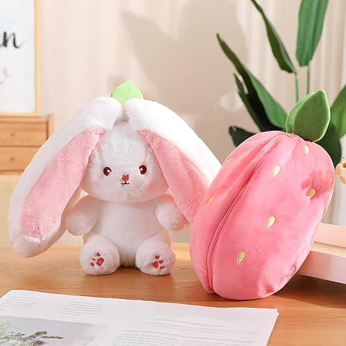 Mukorolee Bunny Plush Doll Toy Pillow, Reversible Carrot Strawberry Bunny Stuffed Animal with Zipper, Cute Rabbit Decoration for Kids & Adult Birthday Party Gift (1pcs 7" Strawberry) thumbnail 2