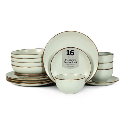 Stone Lain Brasa Stoneware 16 Piece Modern Dinnerware Set, Plates and Bowls, Service for 4, Light Green, Microwave & Dishwasher Safe - Image 1