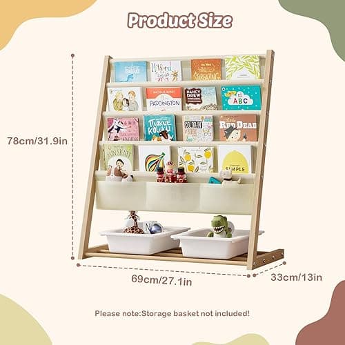 Kids Bookcase, Kids Bookshelf 4 Sling Book Rack and 3 Toys Organizer Shelves Sided Book Display with Storage Classroom Bookshelf 4 Tier Beige thumbnail 3