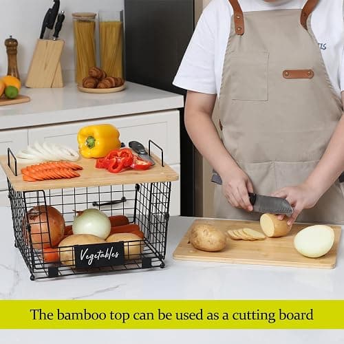 2 Set XXL Stackable Wire Basket with Bamboo Tops & Tag- Pantry Organizer and Storage Bins, Kitchen Counter Cabinet Shelf Countertop Under Sink Organizing, Food Snack Produce Onion Potato Bread Storage thumbnail 5