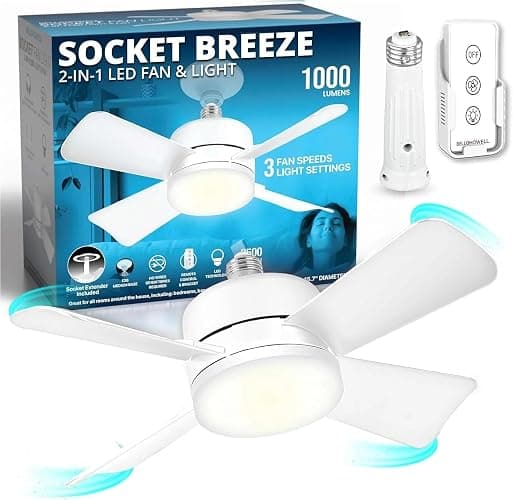 Bell+Howell Socket Breeze Modern Ceiling Fans with LED Lights, 10" LED E26/E27 Screw Base Mini Light Socket Fan with Cord for Bedroom, Living Room, Kitchen, Balcony - Image 1
