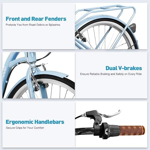 EISYROOD 26 Inch Beach Cruiser Bike for Women, Hybrid Womens Bike with 7 Speed, Adjustable Seat, Lightweight Women Beach Cruiser Bike with Anti-Skid Tires, V-Brakes thumbnail 3