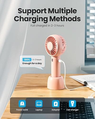 Gaiatop Mini Portable Fan, Small and Powerful, Cute Design 3 Speed Personal Handheld fan and Desktop with Base, Lightweight USB Rechargeable for Travel Lash Makeup Girl Women Summer Gift Pink thumbnail 6