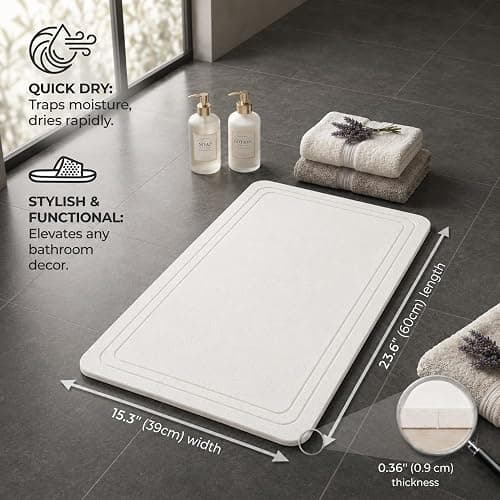 Pebble Nest Stone Bath Mat – Diatomaceous Earth Quick Drying Non-Slip Bathroom Mat – Absorbent Diatomite Shower Mat, Durable & Easy to Clean, Modern, 23.6" x 15.3", (White - Linea) thumbnail 2