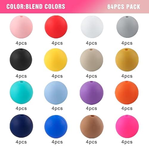 HHCFAST 64Pcs 19mm Silicone Beads for Keychain Making and Bracelet Making,16 Colors Round Silicone Beads for Pens（Multicolor） thumbnail 3