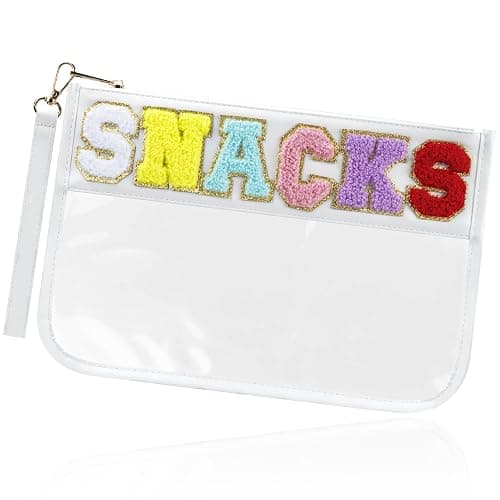 Buycard Snack Bag for Travel with Chenille Letter Patch-Preppy Waterproof Pouch for Travel, Makeup, Gym,Zippered Cosmetic Tote for Women & Girls,Holiday Essentials for Kids. (White) thumbnail 8