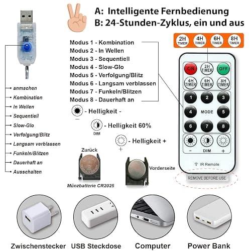 120 LEDs Fotoclips Lichterkette, Warmweiß 40ft Lichterkettes mit 52 Klammern und 12 Haken an der Wand, Timer 8 Modi USB Batteriebetrieben Foto Lichterkette für Bilder,Zimmer, Weihnachten, Hochzeiten - Warmweiß thumbnail 6