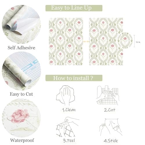 *BOUGHT* Orainege Peel and Stick Wallpaper Floral Wallpaper 16.9in x196.8in Green Pink Leaf Contact Paper Vinyl Waterproof Self Adhesive Boho Botanical Wall Paper for Bedroom Shelf Cabinet Decor thumbnail 5