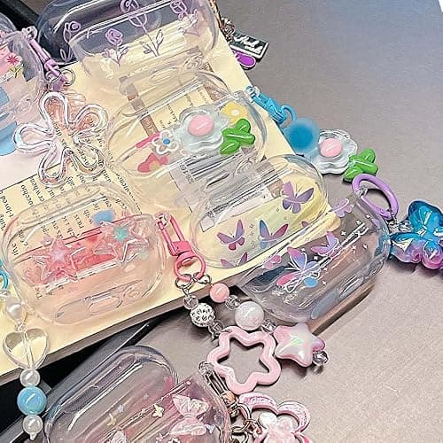 for Samsung Galaxy Buds 3/Buds 3 Pro Headphone Case, Cute TPU Patterned Design Transparent Protective Earbud Shell with Pendant (Pink) thumbnail 6