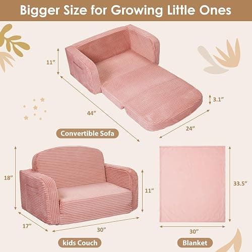 Foryoomi Extra Wide 2 in 1 Convertible Toddler Kids Couch - Corduroy Fold Out Kids Sofa Chair with Blanket, Comfy Comfortable Toddler Chair, Machine-Washable Cover, for Boys Girls, Pink thumbnail 2