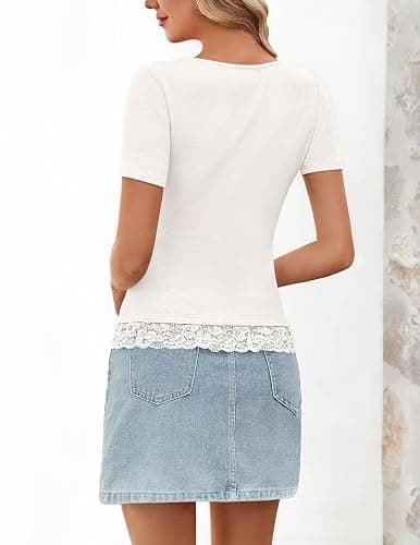 MEROKEETY Women's Summer Lace Trim Tops Cute Short Sleeve Ribbed Scoop Neck Button Y2K Teen Shirts Going Out Clothing thumbnail 5