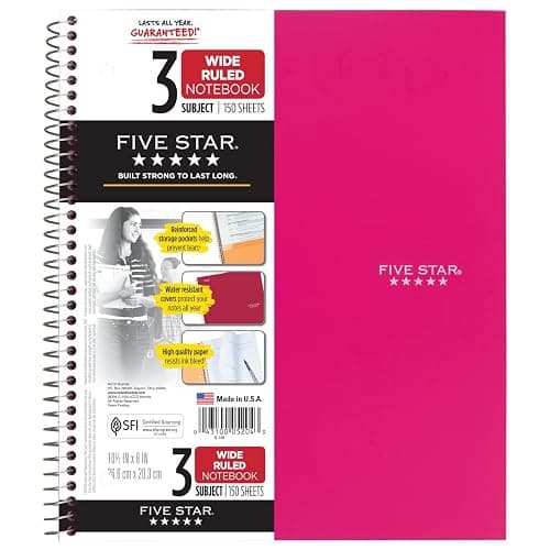 Five Star Spiral Notebook, 3 Subject, Wide Ruled Paper, 150 Sheets, 10-1/2" x 8" Sheet Size, Pink (73465) thumbnail 2