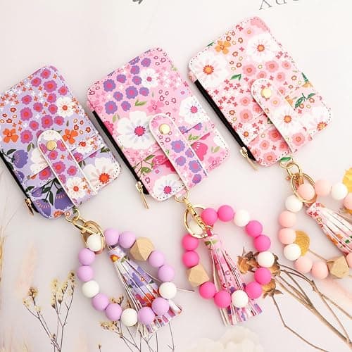 Women's Boho Beaded Wallet with Flower Pattern, Women Boho Style Beaded & Tassel Decorated Keychain, Credit Card Holder Purse (Rose red) thumbnail 6