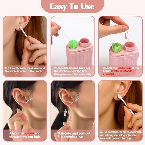 XANGNIER Ear Piercing Cleaner,Ear Piercing Cleaning Kit for Girls Women Men | Earring Hole Piercing Aftercare Cleaning Tool Set with 240pcs Disposable Ear Piercing Cleaner Floss,50pcs Cotton Swabs,Pink thumbnail 5