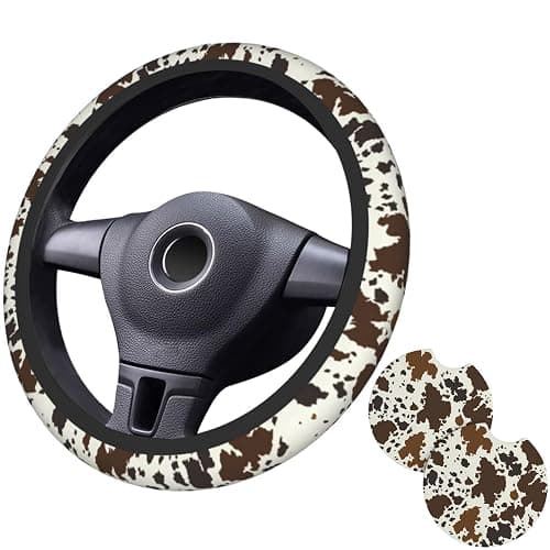 Brown Western Cow Print Steering Wheel Cover for Women Men with 2 Pcs Car Coasters, 15 Inches Neoprene Anti-Slip Cute Universal Car Accessories Protective Cover for Vehicle - Image 1
