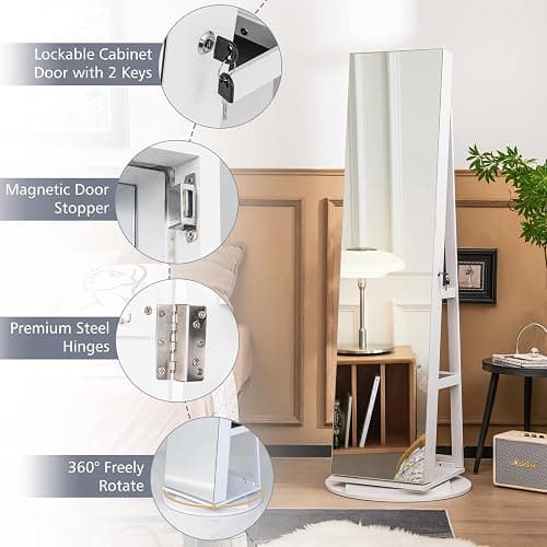 CHARMAID 360° Swivel Jewelry Armoire with Full Length Mirror, Rear Storage Shelves, Lockable Standing Jewelry Cabinet Organizer with Interior Vanity Mirror and 3-Color Lights (White) thumbnail 8