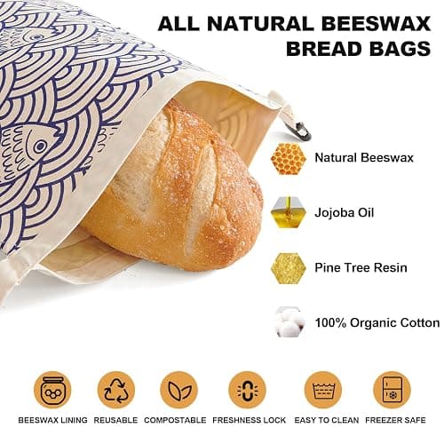 Augine Beeswax Bread Bags for Sourdough, Reusable Bread Bags for Homemade Bread, 2 Pack Natural Cotton Beeswax Storage, Natural Cotton Beeswax Bags, Large Capacity thumbnail 3