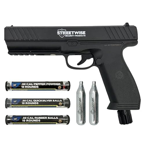 Streetwise Heat .50 Caliber Defense Launcher, Kinetic Impact Ball Gun - Personal Protection Pistol Includes 10 Rubber Balls, 10 Quicksilver Metal Composite Rounds, & 2 CO2 Canisters - Image 1