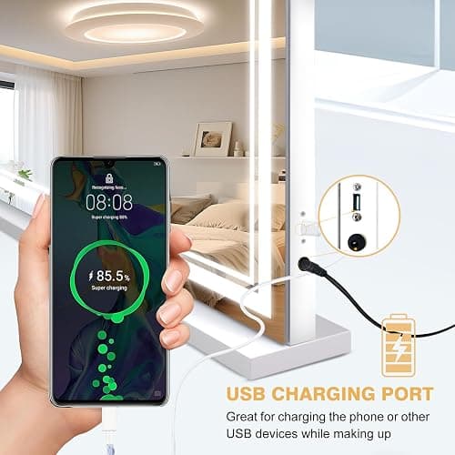 MKupView 27.6"X21.7" Wall-Mounted Mirror Large Vanity Mirror with LED Lights & Play Music Vanity Mirror Touch Screen with 3-Color Lighting Memory Function USB Charging & Magnifying Glass - 21.7"L x 27.6"W thumbnail 6