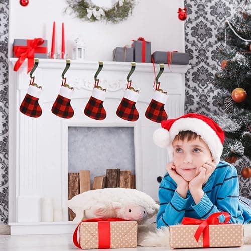 CCINEE 24 Pack Mini Christmas Stockings, 7” Red and Black Buffalo Plaid Xmas Stocking with Plush Cuff Small Hanging Stocking Decoration for Holiday Home Wall Fireplace Christmas Tree Decor thumbnail 7