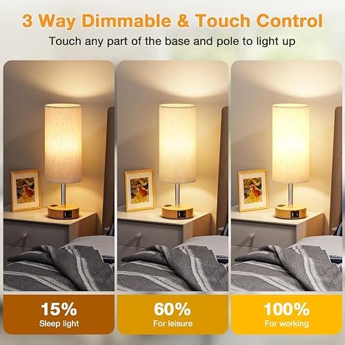 Table Lamp for Bedroom Set of 2 - Touch 3 Way Dimmable Bedside Lamps with USB C and A Ports, Night Lamp for Nightstand with AC Outlet, Desk Lamps for Living Room, Reading Room, Kids Room, Office thumbnail 2