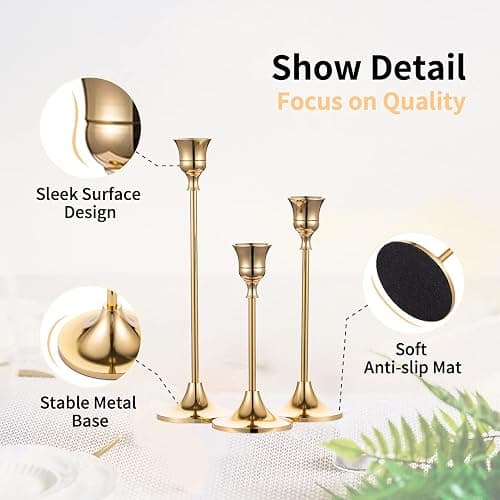 Candlestick Holders Taper Candle Holders, Set of 3 Candle Stick Holders Set, Brass Gold Candlestick Holder Set, Vintage Modern Decorative Centerpiece for Table Mantel Wedding Housewarming Gift - Gold - 1 set (3 pcs) thumbnail 4
