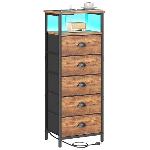 sthmec Nightstand with Charging Station,LED Night Stand with 5 Fabric Drawers, Bedside End Tables, 2-Tier Open Storage Shelf Side Table Nightstands with Drawers for Bedroom,Rustic Brown - Image 1