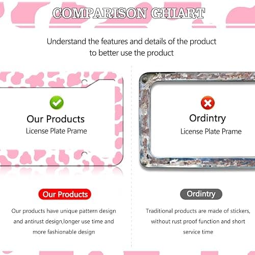 Cow Print License Plate Frame - 2 PCS Cute Pink Cow Print Animal Spots License Plate Holder, Rust-Proof Stainless Steel License Plate Cover Decoration with Screws Caps for Standard Us 12x6 Inch thumbnail 4