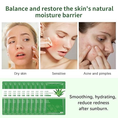 Aloe Vera Soothing Mask Hydrating Face Masks Skincare Moisturizing Facial Sheet Mask Skin care for Dry, Oily, Sensitive Skin Face Mask for Acne, Sun Care, Calming, Refreshing 25ml/0.88oz, 10 Pack thumbnail 5