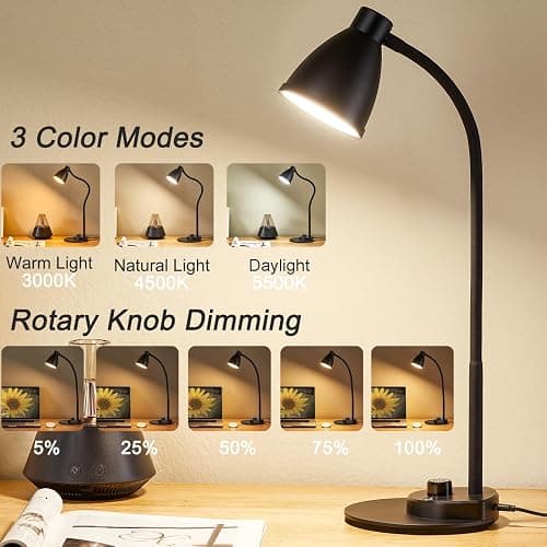 BOHON LED Desk Lamp with USB Charging Port 3 Color Modes Dimmable, Black | Reading Light Intelligent Induction Auto Dimming Task Lamp Neck Flexible Table Lamp for Bedside Office, AC Adapter Include thumbnail 2