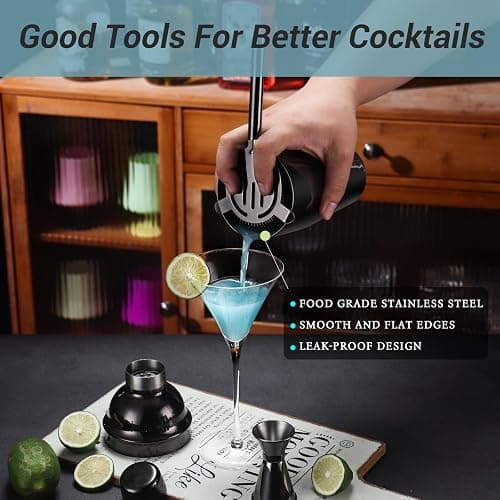Cocktail Shaker Set Bartender Kit with Stand, 12 Piece Bar Set Drink Mixer Set with Stainless Steel Bar Accessories Tools: 25oz Martini Shaker Jigger Strainer Spoon Muddler for Cocktails (Black) thumbnail 7