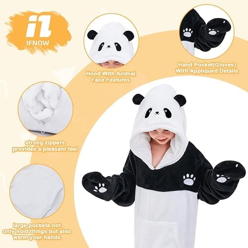 IFNOW Wearable Blanket Hoodie Kids, Oversized Fleece Blanket Sweatshirt Christmas Birthday Gifts for Boys, Girls, Teen Hoodie with Portable Foldable Blanket Pillow, Animal Embroidery 5-15 Years, Panda thumbnail 3