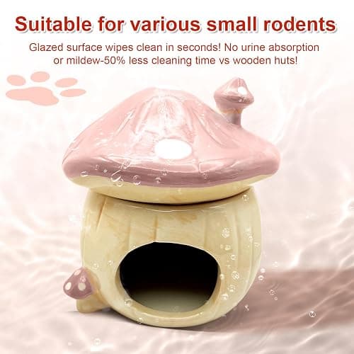 BELEATAL Mushroom Ceramic Hamster Hideout, Water Bottle with Stand, Food Bowl, Hamster Accessories (Pink) thumbnail 4