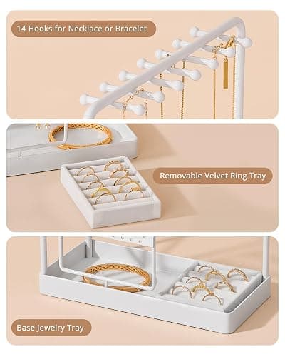 ProCase Jewelry Stand Holder Organizer, Jewelry Display Storage with Ring Tray, Rotating Earring Bracelet Necklace Holder, Valentine's Gifts Room Dorm Decor for Teen Girls -White (No-Assembly) thumbnail 7