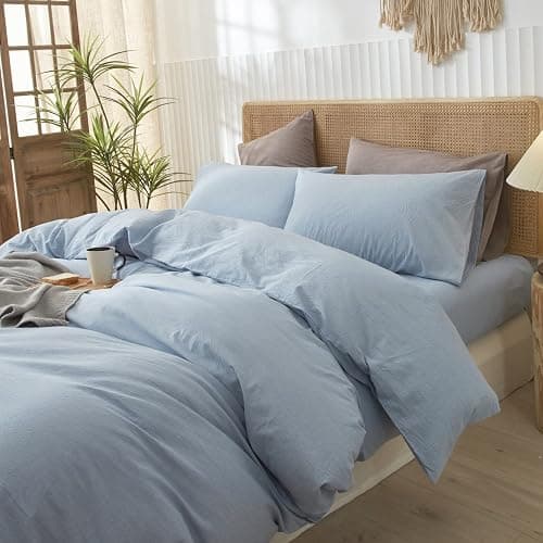 LIFETOWN 100% Washed Cotton Duvet Cover Set Linen Feel Natural Wrinkle Lightweight Comfy (Queen, Cornflower Blue) thumbnail 3