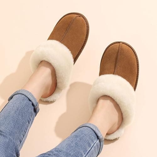 KIDMI 100% Genuine Leather Slippers for Women Fuzzy Winter Scuff House Shoes Cozy Warm Slip on Bedroom Slippers Indoor Outdoor thumbnail 2