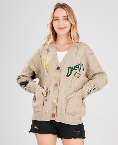 Women's Cable Knit Long Sleeve Open Front Cardigan Sheep V-Neck Button Down Embroidery Wool Blend Sweater Coat Outwear thumbnail 2