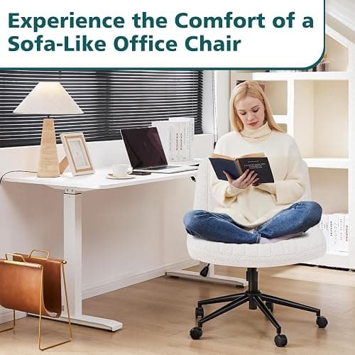 OLIXIS Criss Cross Chair with Wheels Wide Cross Legged Office Desk Vanity Chair Comfy Fabric Armless Adjustable Swivel for Home Computer Task Teddy Beige thumbnail 6