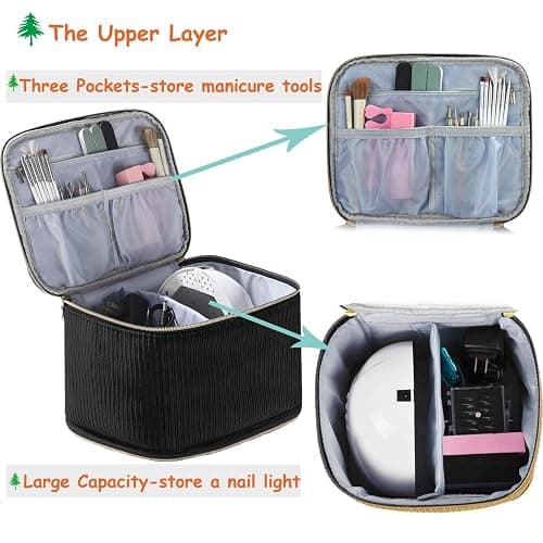 Corduroy Nail Polish Organizer and Nail Lamp Case, Nail Kit Organizer Holds 30 Bottles (15ml - 0.5 fl.oz) and a Nail Lamp, Nail Polish Carrying Case with Manicure Tools Storage Sections (Black) thumbnail 4