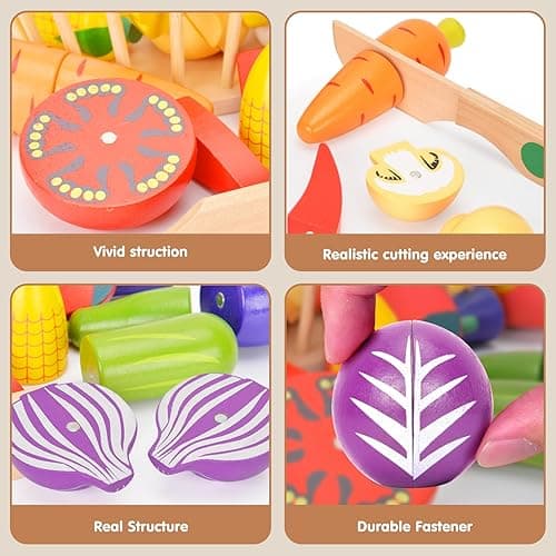 Victostar Magnetic Wooden Cutting Fruits Vegetables Food Play Toy Set with Basket for Kids thumbnail 6