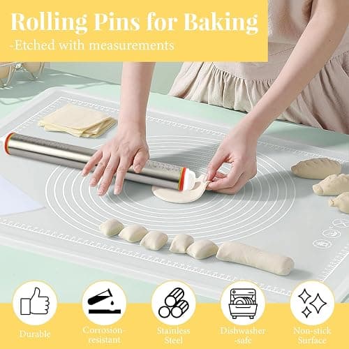 Adjustable Rolling Pin with 4 Thickness Rings for Baking, 17” Stainless Steel Dough Roller with Clear Measurement Markings for Pizza, Fondant, Pie, Cookies, Baking Supplies, Pastry, Pasta thumbnail 5