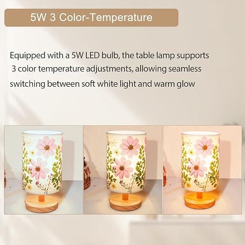 Floresita Dried Flowers Small Table Lamp 5W LED 3-Color Bedside Lamp Pressed Flowers Lampshade with Wood Base for Bedroom Living Room Desk Nursery thumbnail 4