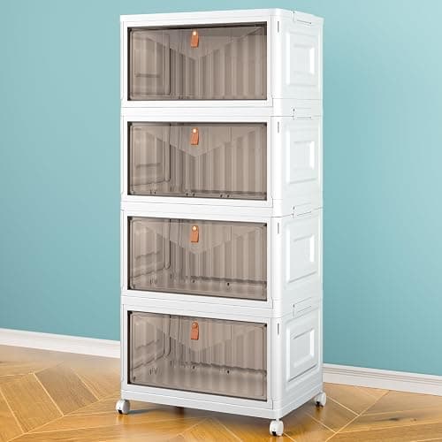 4 Tier Storage Bins with Lids, 23QT Stackable Closet Organizers and Storage with Wheels, Collapsible Storage Boxes, Foldable Plastic Storage Containers for Home,Office, Dorm Room-White thumbnail 8
