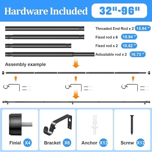 2 Pack Curtain Rods for Windows 32-90 Inch, 1 Inch Adjustable Black Curtain Rod Set with Brackets, Easy Install thumbnail 7