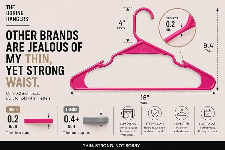 The Boring Hangers Pink Plastic Hangers 22 Pack - 10 lb Heavy Duty Pink Plastic Clothes Hanger Set - 0.20" Slim & Space Saving Girls Room Closet Organizer Coat Hangers, Dorm Room Essentials thumbnail 2
