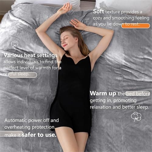 Wapaneus Heated Blanket Electric Throw 72" x 84" Full Size with 10 Heating Levels 12 Hours Time Setings and Auto-Shut Off, Flannel Fast-Heating Electric Blanket,Machine Washable,Light Grey thumbnail 3
