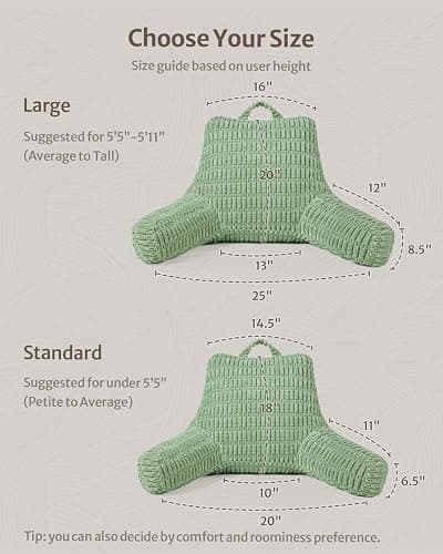 Blissful Diary Reading Pillow, Backrest Pillow with Shredded Memory Foam for Adult & Children, Designed for Bed and Couch Sitting Up, Includes Arms, Pockets and Washable Cover, Sage Green - Standard(18inch) - Sage Green thumbnail 2